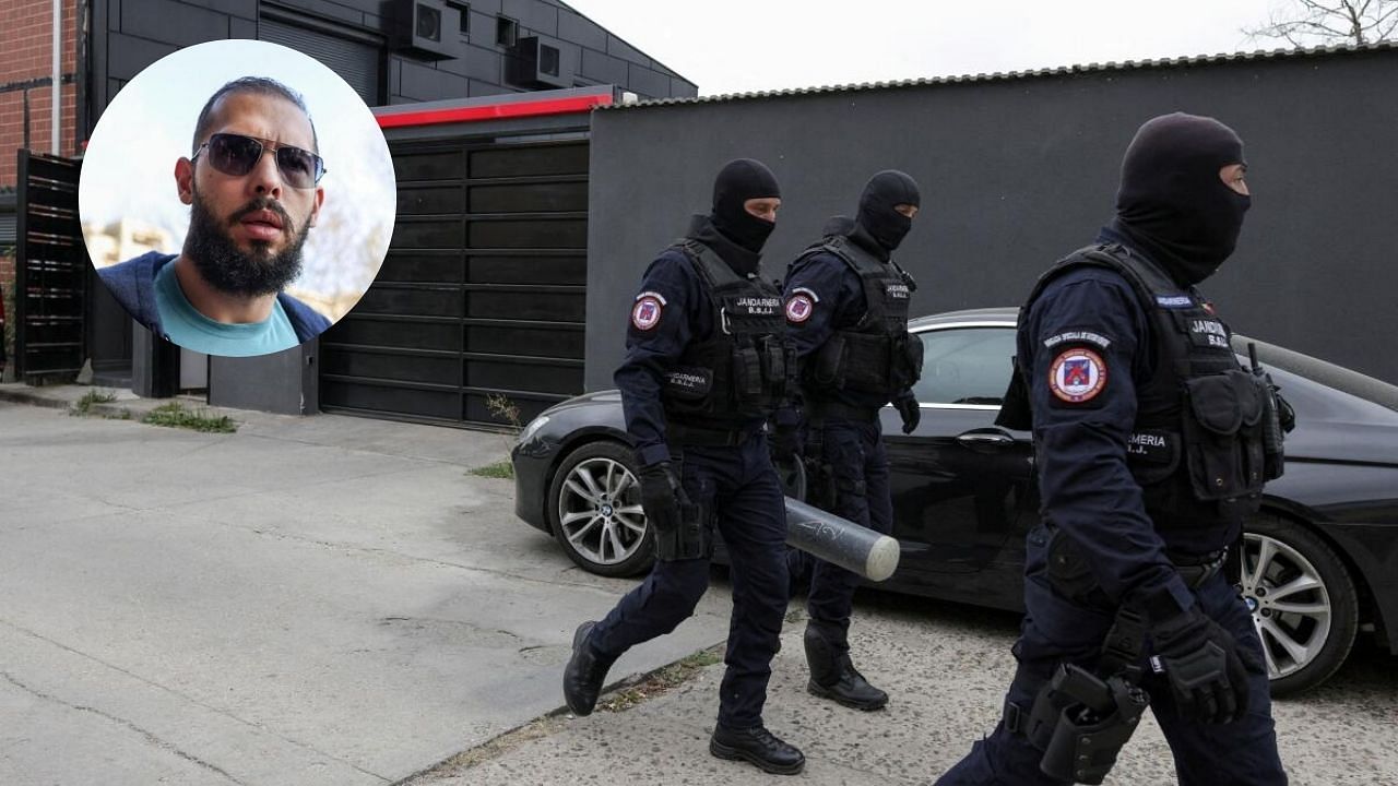 <div class="paragraphs"><p>Police officers outside the Tate brothers residence are seen in this image with an inset showing Andrew Tate</p></div>